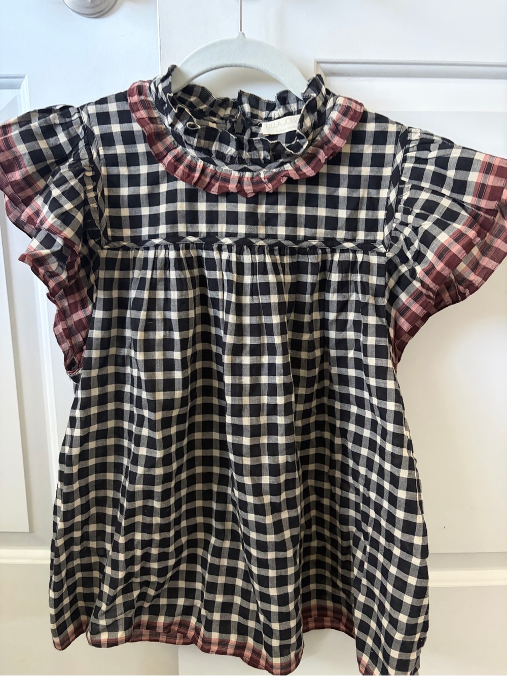 Ulla Johnson Black and White Gingham Ruffle-Yoke Blouse with Pink Trim